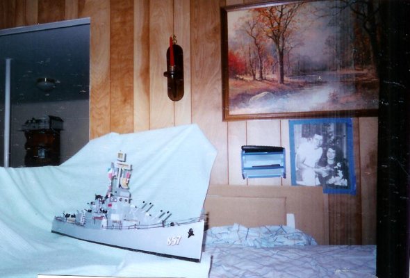 Lou Jenkins S 1/C – Front Room with USS Bristol Model and Photo of Lou and Wife in the 1950's (from Mel Hess)